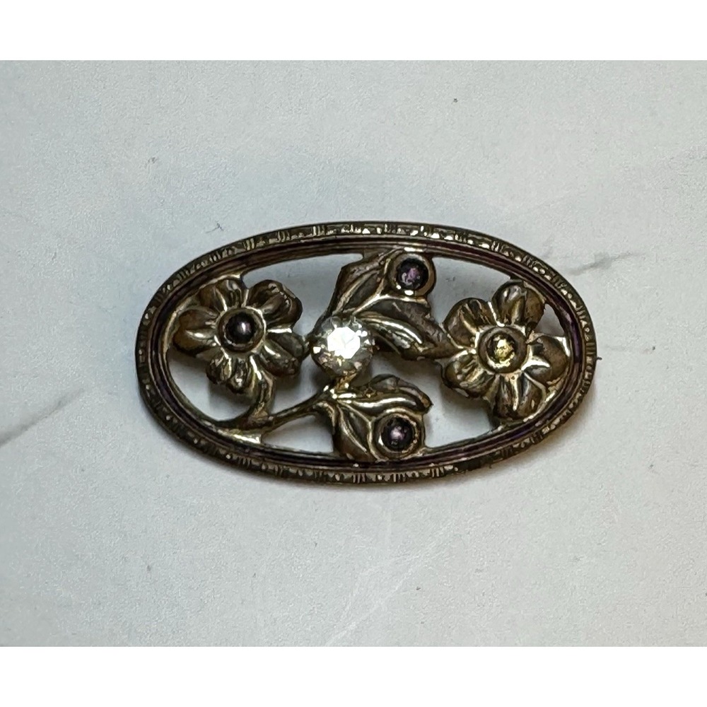 Antique Edwardian Oval Floral‎ Brooch Pin Rhinestone & Paste Stones 1900-1920